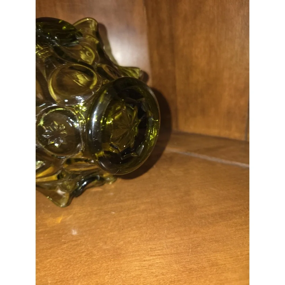 Vintage Olive Green Glass Basket Handle Glass Ruffle Rim Vintage